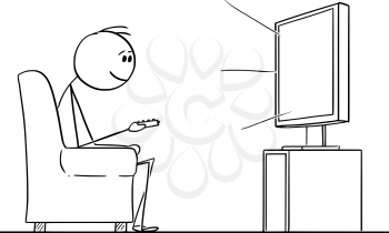 Vector cartoon stick figure drawing conceptual illustration of man sitting in armchair and enjoying watching entertainment on TV or television.