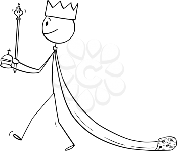 Vector cartoon stick figure drawing conceptual illustration of fantasy or medieval king walking in robe.