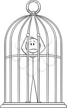 Vector cartoon stick figure drawing conceptual illustration of man or businessman trapped in golden bird cage.