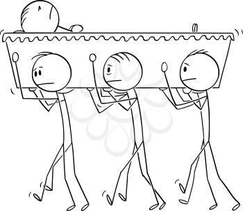Vector cartoon stick figure drawing conceptual illustration of group of men carrying coffin with dead person during burial or funeral ceremony.
