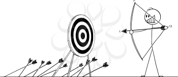 Vector cartoon stick figure drawing conceptual illustration of man or businessman shooting arrow at target with bow and missing. Business concept of failure.