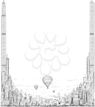 Vector template with artistic sketchy pen and ink drawing illustration of generic city high rise cityscape landscape with skyscraper buildings and hot air balloons.