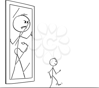 Cartoon stick figure drawing conceptual illustration of man leaving his demon or devil yourself or personality in the mirror. Concept of schizophrenia or mental disorder.