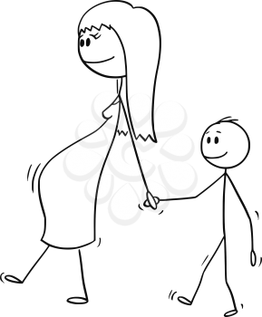 Vector cartoon stick figure drawing conceptual illustration of pregnant woman or mom or mother together with small boy or son. They are walking and holding hands.