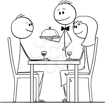 Cartoon stick figure drawing conceptual illustration of loving couple of man and woman sitting behind table in restaurant and watching waiter serving food.