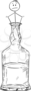 Vector cartoon stick figure drawing conceptual illustration of man climbing out of the hard liquor or spirits bottle neck. Metaphor of alcoholism.