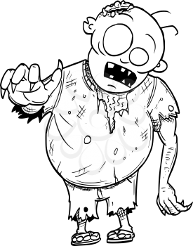 Cartoon drawing conceptual illustration of fat crazy Halloween monster zombie.