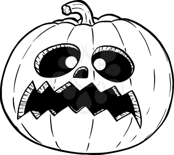 Cartoon drawing conceptual illustration of crazy Halloween monster pumpkin.