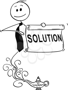 Cartoon stick drawing conceptual illustration of genie businessman appearing from Aladdin lamp to offer problem solution. Business concept of outsourced assistance.