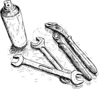 Vector artistic pen and ink drawing illustration of working tools - wrench, spanner, adjustable pliers and oil spray.