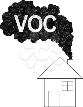 Vector artistic pen and ink drawing illustration of smoke coming from house chimney into air. Environmental concept of VOC or volatile organic compound pollution.