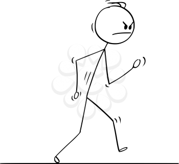 Cartoon stick drawing conceptual illustration of angry man or businessman walking.
