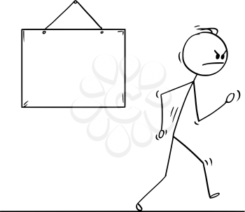 Cartoon stick drawing conceptual illustration of angry man or businessman walking vigorously from empty sign ready for your text.