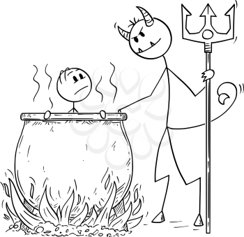 Cartoon stick drawing conceptual illustration of man or businessman who is boiled for his sins by devil or Satan in big cauldron in hell.
