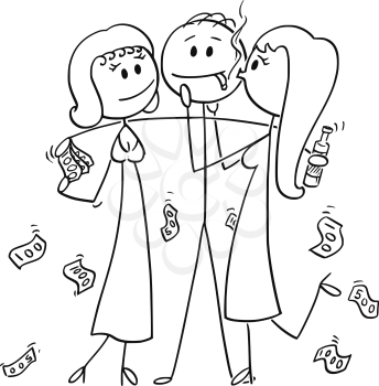 Cartoon stick drawing conceptual illustration of successful and rich man or businessman holding two girls hugging and kissing him for money.