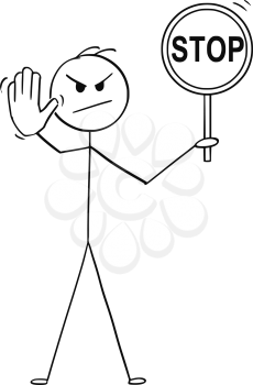 Cartoon stick drawing conceptual illustration of man holding a stop sign and showing stop gesture.