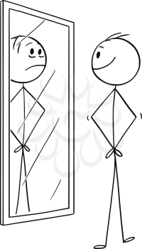 Cartoon stick drawing conceptual illustration of man smiling cheerful man looking at himself in the mirror but seeing sad depressed yourself.