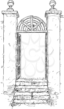 Vector artistic pen and ink drawing illustration of simple decorated chateau park garden gate with stairs.