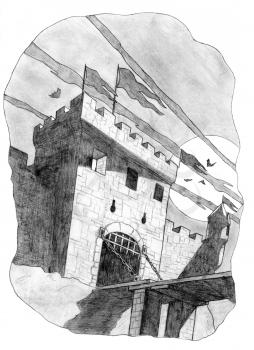 Black and white pencil drawing of terrifying medieval or fantasy castle tower and gate in Moon light.