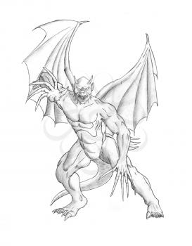 Black and white pencil concept art drawing of winged fantasy demon or evil devil monster with wings, tail, claws and horns.