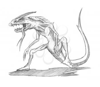 Black and white pencil concept art drawing of fantasy lizard demon or monster with long tongue, tail, claws and horns.