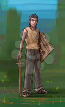 Concept art fantasy digital painting or illustration of small boy with wooden toy sword and shield.