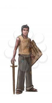 Concept art fantasy digital painting or illustration of small boy with wooden toy sword and shield.