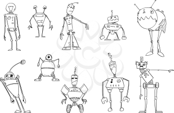 Vector black and white drawing illustration of set of cute funny retro robots design. Coloring book for children.