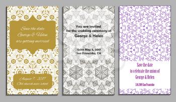 Set of elegant wedding invitation or announcement template cards with lace ornament