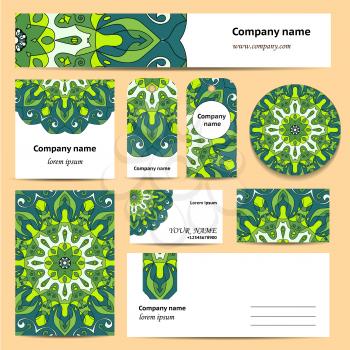 Stationery template design with green mandalas. Documentation for business.