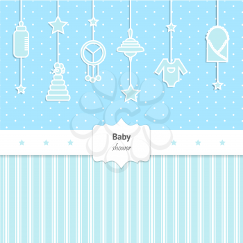Baby Shower Invitation for boy. Cute card with toys and baby cloth