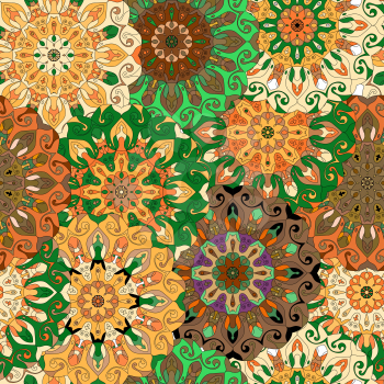Vintage decorative pattern. Islam, Arabic, Indian, ottoman motifs. Perfect for printing on fabric or paper. Can be used for greeting card or booklet background, green brown and orange colors
