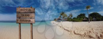 Summer Wooden Board Sign with Text, Tropical Island Paradise At Beautiful Sandy Beach Tropical Island
