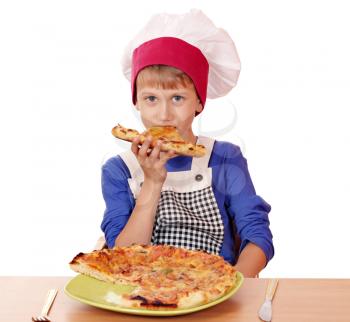 hungry boy chef eat pizza