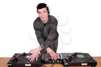 dj with turntables on white 