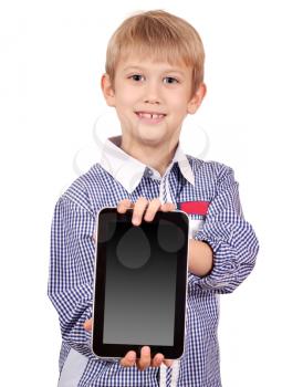 happy boy holding tablet pc
