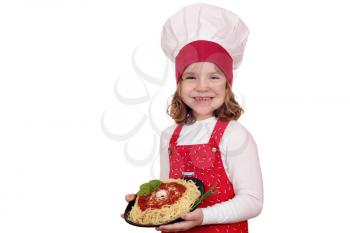 happy little girl cook with delicious spaghetti