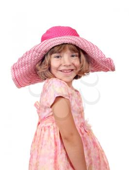 happy little girl with big hat and dress on white 