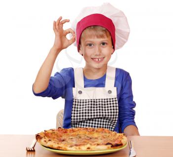 boy chef with pizza and ok hand sign