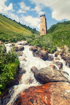 Svaneti mountain towers in Georgia. Landscape of Caucasus