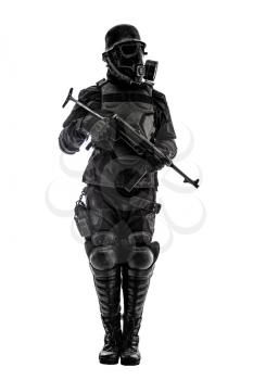 Futuristic nazi soldier sentinel gas mask and steel helmet with schmeisser handgun isolated on white studio shot standing to attention profile