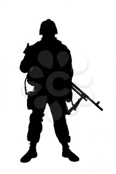 Studio shoot of army, marine machine gunner in camouflage combat uniform and body armor, standing with machine gun, silhouette isolated on white