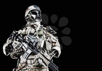 Futuristic mechanical army soldier cyborg with weapons