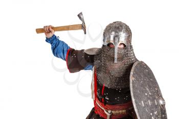 Mongol horde warrior in armour holding traditional axe