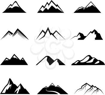 Mountains black vector icons. Mountain nature, outdoor mountain, peak mountain rock illustration