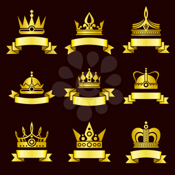 Gold crowns and ribbon banner vector set. Royal crown with ribbon, medieval crown luxury and crown classic golden illustration