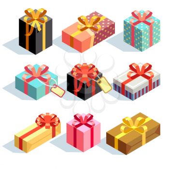 Gift icons and Present boxes. Present and gift color boxes with ribbon bows. 3D isometric vector icons