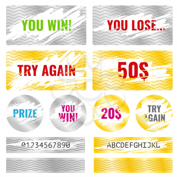 Scratch card game, scratch and win lottery vector elements. Lottery luck or lose, coupon chance win and card template lottery illustration
