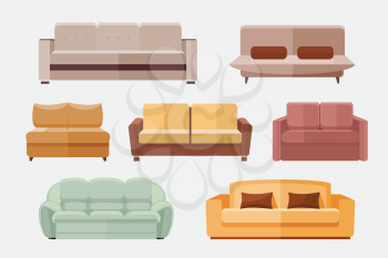 Sofa and couches furniture flat vector icons set. Furniture sofa for home interior. Set of icon sofa for room illustration