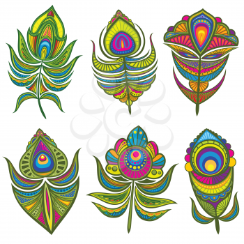 Decorative ethnic peacock feathers vector set isolated. Bird feather bright ornament, pattern vintage quill illustration